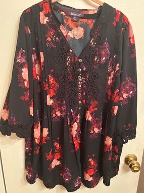 Roaman's Black Floral Crochet-Trim V-Neck Blouse